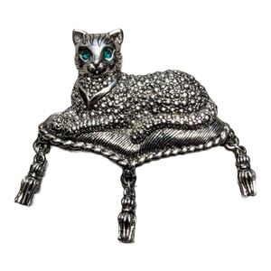 Vintage 1990s Avon Faux Marcasite Cat Brooch Green Eyes on Regal Tasseled Pillow